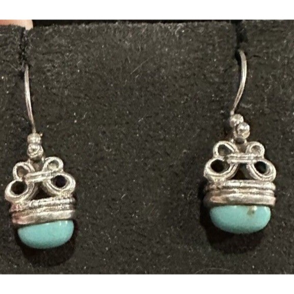 Gorgeous Vintage Scrollwork Turquoise 925 Sterling Silver Earrings Hooks